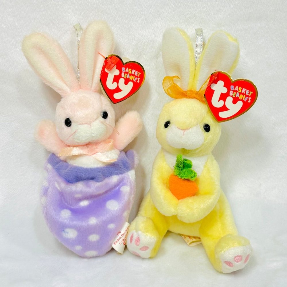 Two Ty Basket Beanies Nibbles and Petey - Easter Plush Vintage 2003